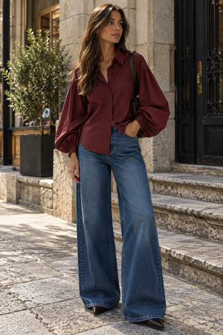 Aviora Balloon Sleeve Shirt - Burgandy