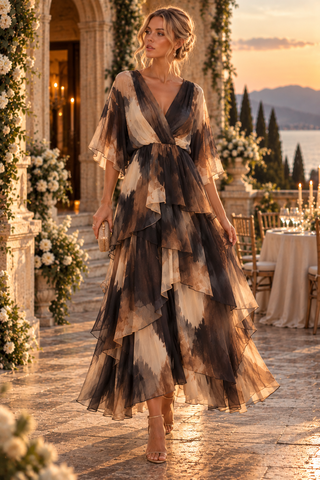 Azure Cascade Tye Die Silk Dress -Brown Multi