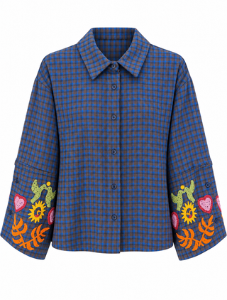 Indie Blue Tartan Shirt - Embroidered Floral Sleeve