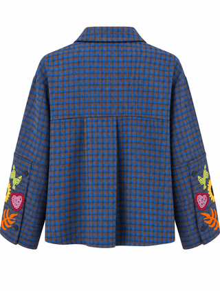 Indie Blue Tartan Shirt - Embroidered Floral Sleeve