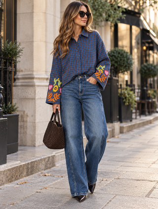 Indie Blue Tartan Shirt - Embroidered Floral Sleeve