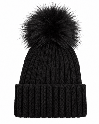 Alannah Ribbed Black Bobble Cream Hat -Black