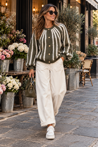 The Harlow Stripe Cardigan - Khaki