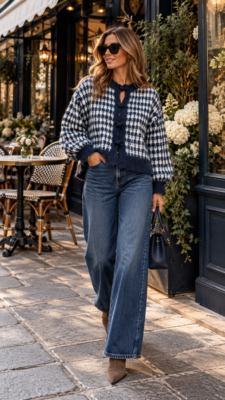 Nivelle Check Knit Cardigan - Navy