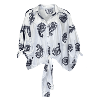 Freda Embroidery Blouse - White/Navy
