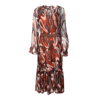 Coolio Swirl Print Dress with Belt - Brown