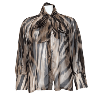 Cadiz Pussy Bow Blouse - Tan Multi