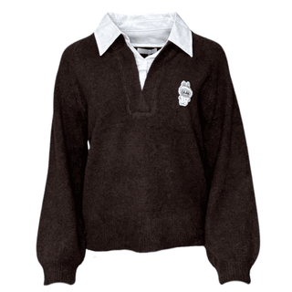 Brown Knit Sweater with Shirt Collar