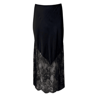 Black Satin Lace Trim Maxi Skirt