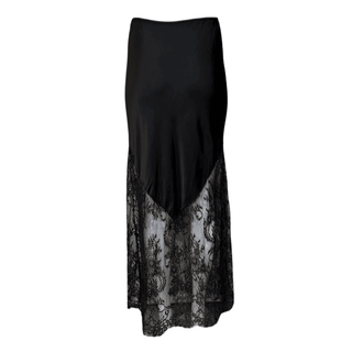Black Satin Lace Trim Maxi Skirt