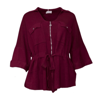 Viola Drawstring Knit Zip Up - Burgundy