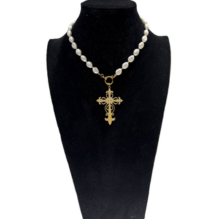Pearl Diamond Cross Necklace