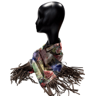 Floral- Satin Scarf - Faux Leather Fringing