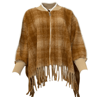 Tanya Tassle Poncho Zip Check - Brown