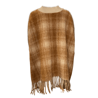 Tanya Tassle Poncho Zip Check - Brown