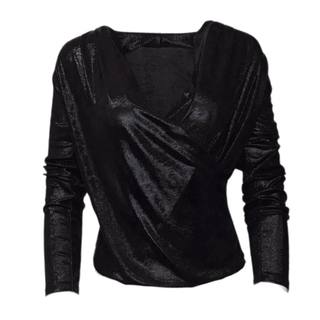 Kourtney - Wet Look V Neck Wrap Top - Black