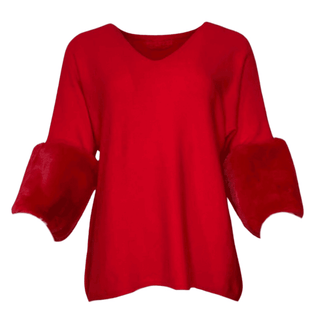 Joy- Red- V-neck Jumper/ Fur Sleeves