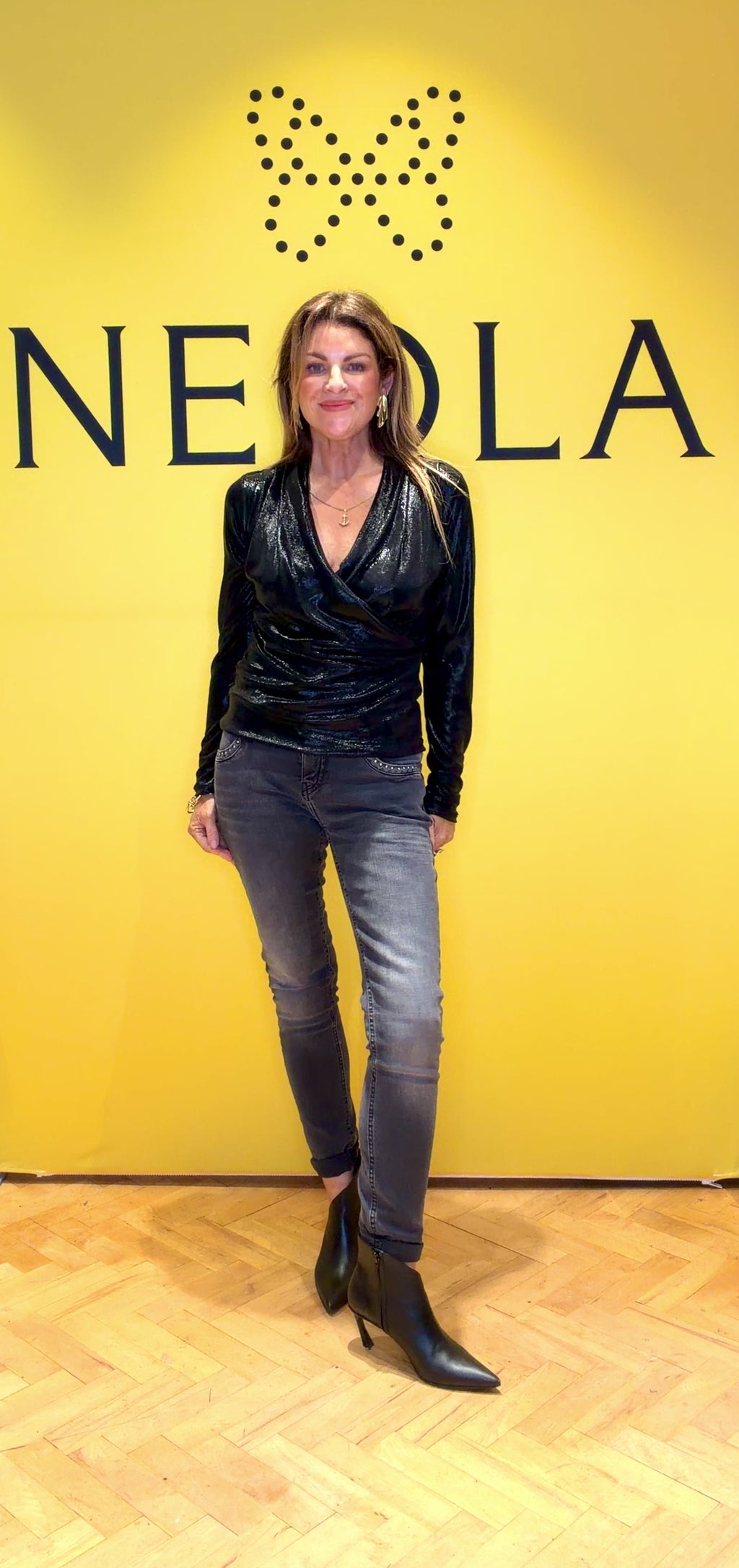 Kourtney - Wet Look V Neck Wrap Top - Black