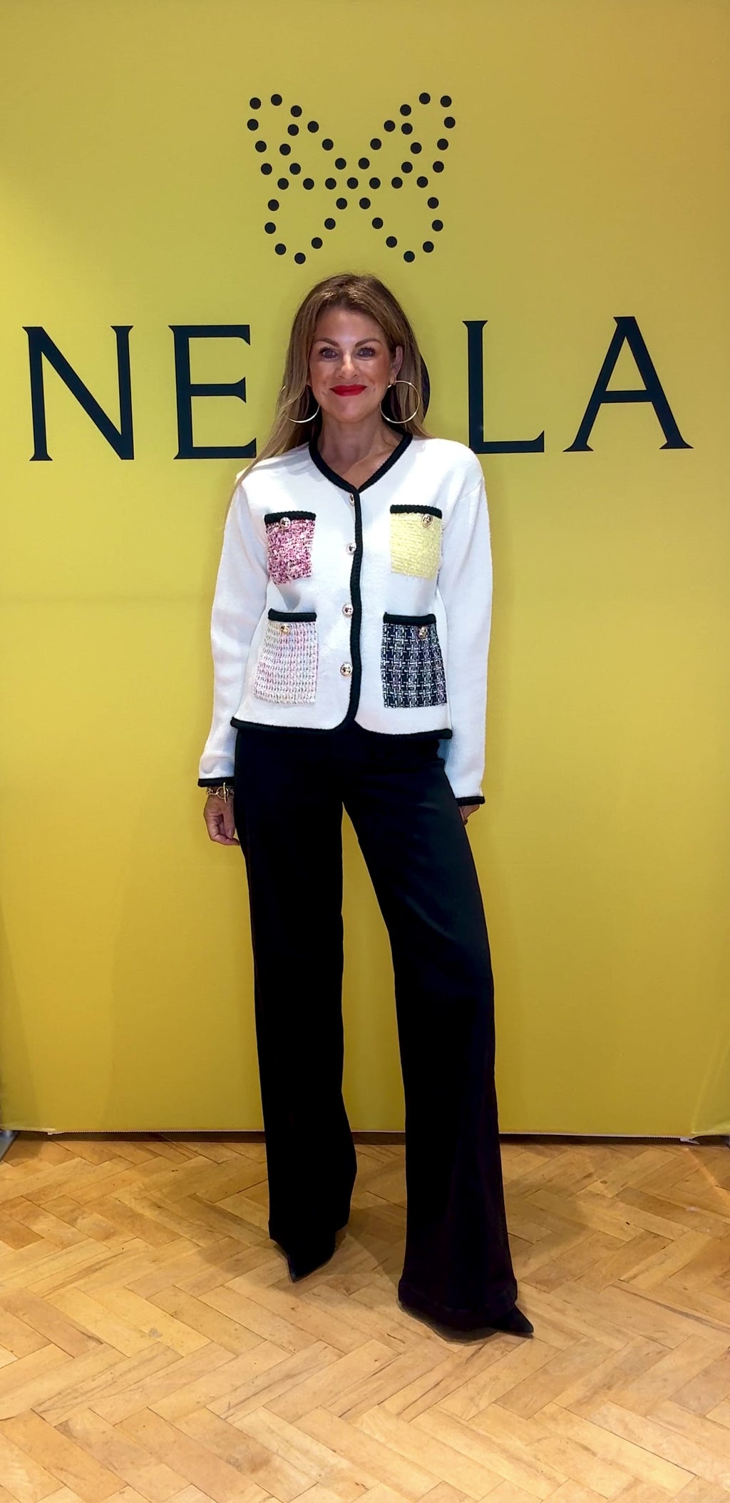 Add a playful twist to your outfit with this cream knit cardi, featuring multicoloured textured pockets with a bold black edge. The Pocketed Funky Cream Cardi brings a fun splash of colour and unique detail, perfect for brightening up any look with cheerful charm.