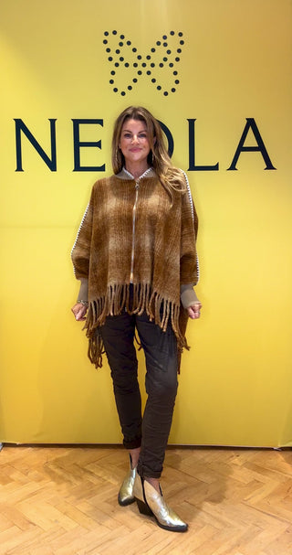 Tanya Tassle Poncho Zip Check - Brown