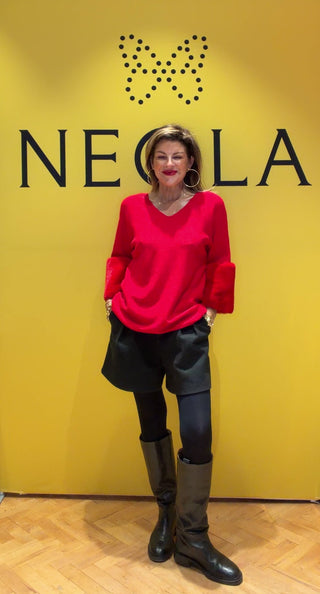 Joy- Red- V-neck Jumper/ Fur Sleeves