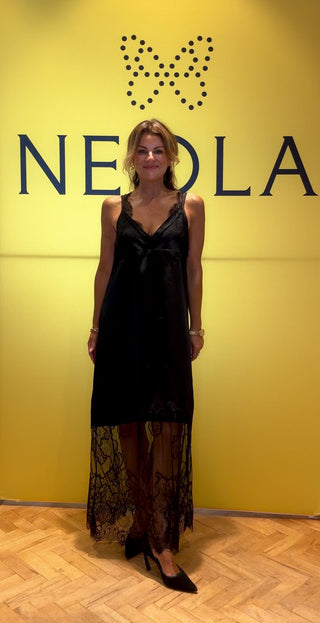 Ivy Satin & Lace Dress - Black