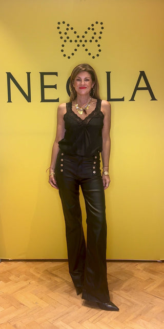 Angelica Bootcut Faux Leather Trouser - Black/Gold Button