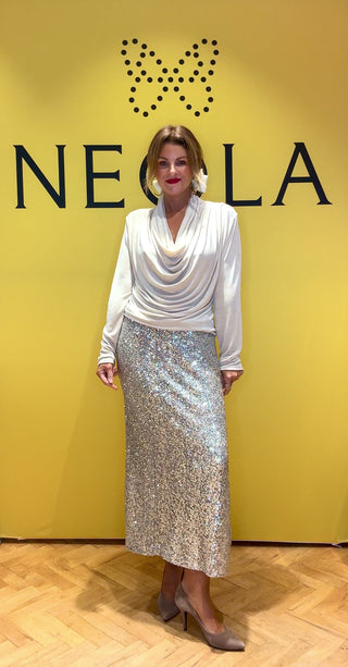 Nell - Sequin Skirt with Split - Cream Gold