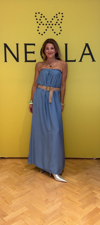 Constance Bandeau Dress with Belt - Blue
