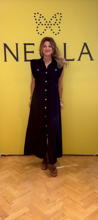 Portrait Button Front Dress - Black