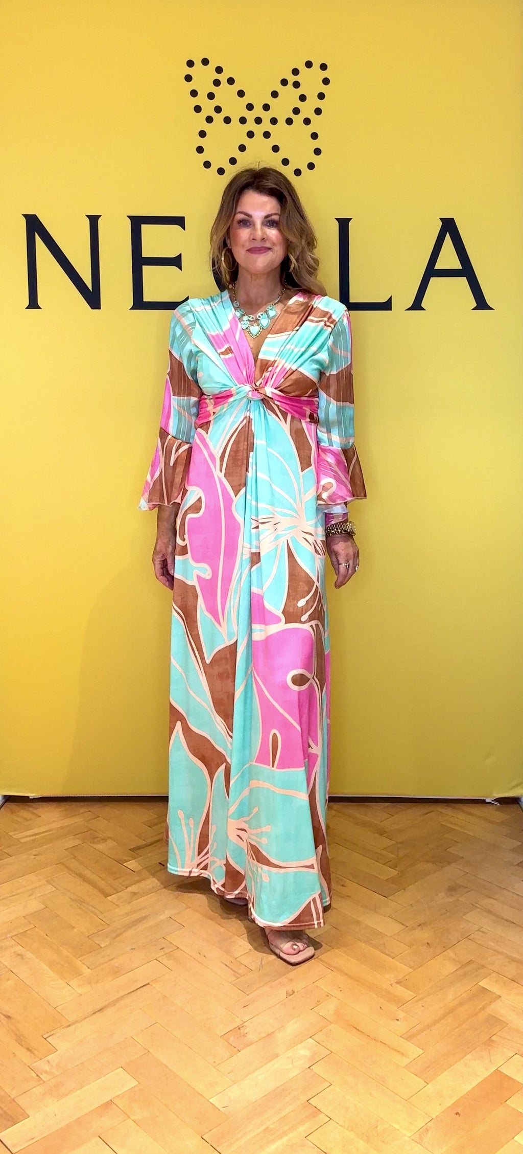 Yolanda Print Dress with Sleeve - Pink/Brown