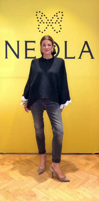 Judy- Black Poncho- White Trimming